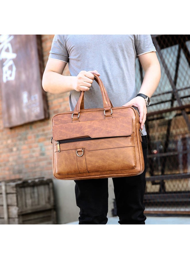 Men's Business Casual Computer Crossbody Office Handbag Leather Document Bag For Work Travel Single Shoulder Bag-Color:No Standard Khaki  - Image 4