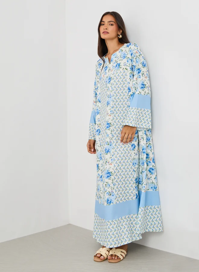 تايك تو Take Two All-Over Print Notch Neck Long Sleeve Jalabiya
