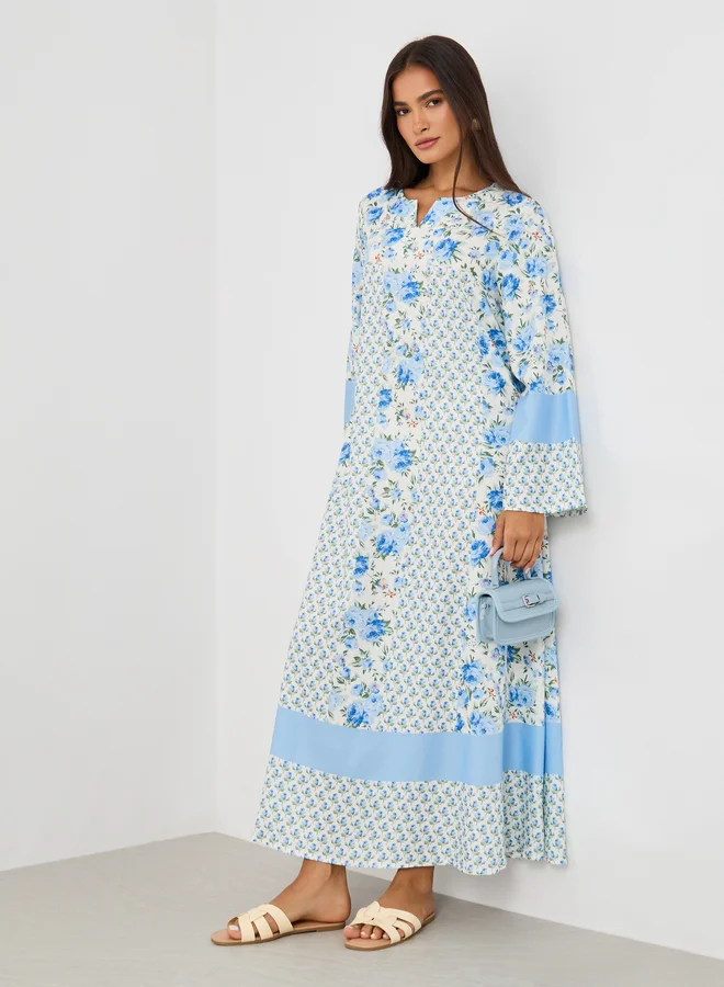 تايك تو Take Two All-Over Print Notch Neck Long Sleeve Jalabiya
