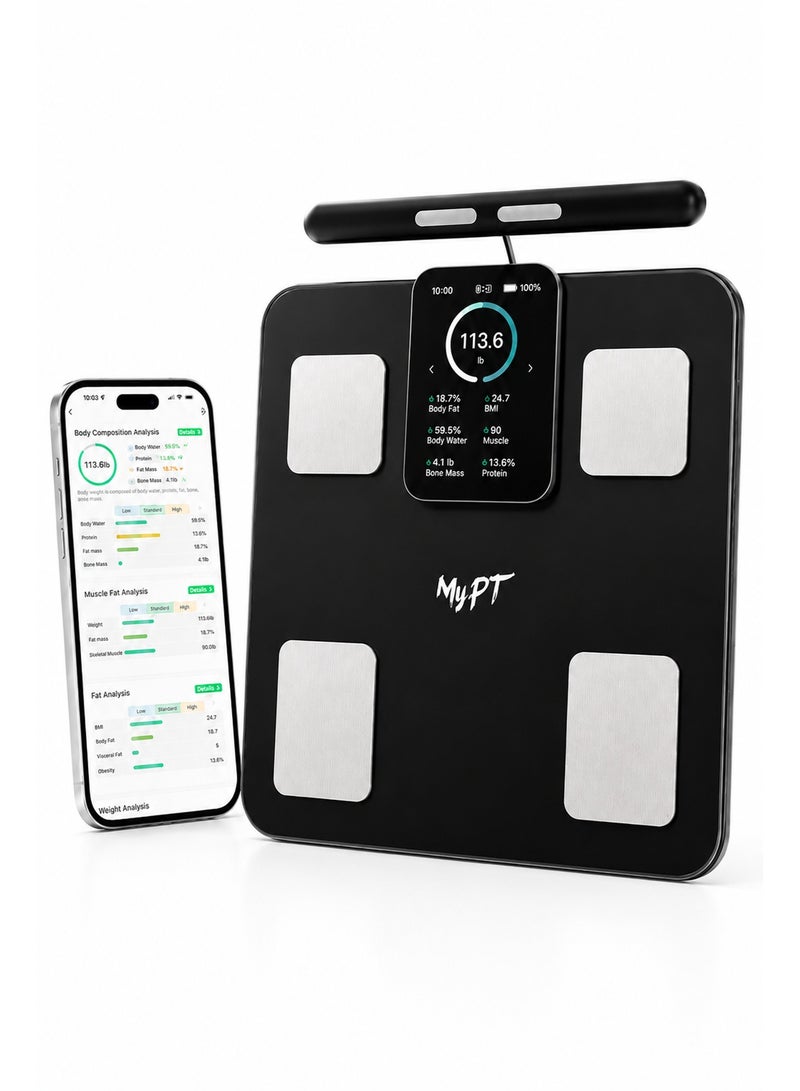 MyPT Smart Body Composition Scale, Smart BMI Scale, 43 Body Metrics Analyser, 8 Electrodes with Handle, Bluetooth App Sync, Body Fat, Muscle, Water, 3.8" TFT Colour Display, Type-C Rechargeable, Black - Image 1