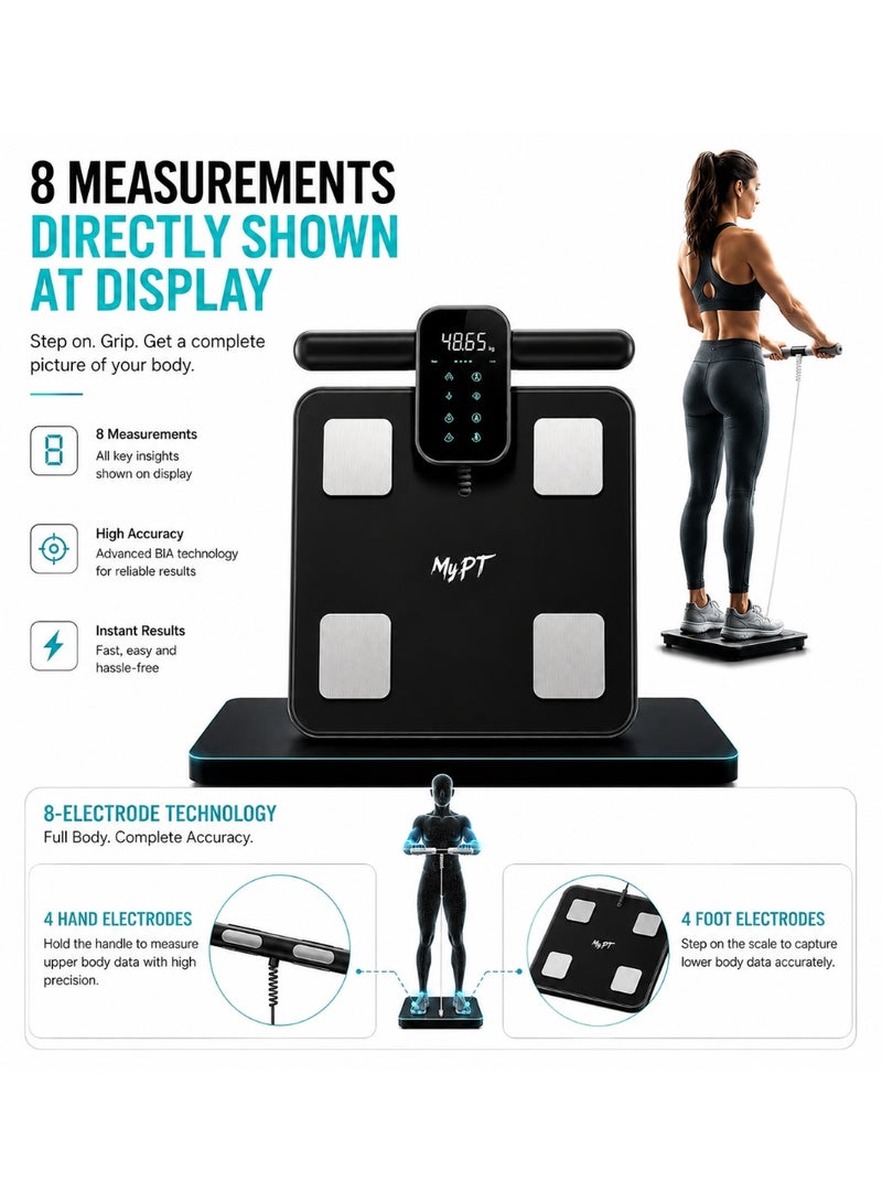 MyPT Smart Body Composition Scale, Smart BMI Scale, 43 Body Metrics Analyser, 8 Electrodes with Handle, Bluetooth App Sync, Body Fat, Muscle, Water, 3.8" TFT Colour Display, Type-C Rechargeable, Black - Image 4