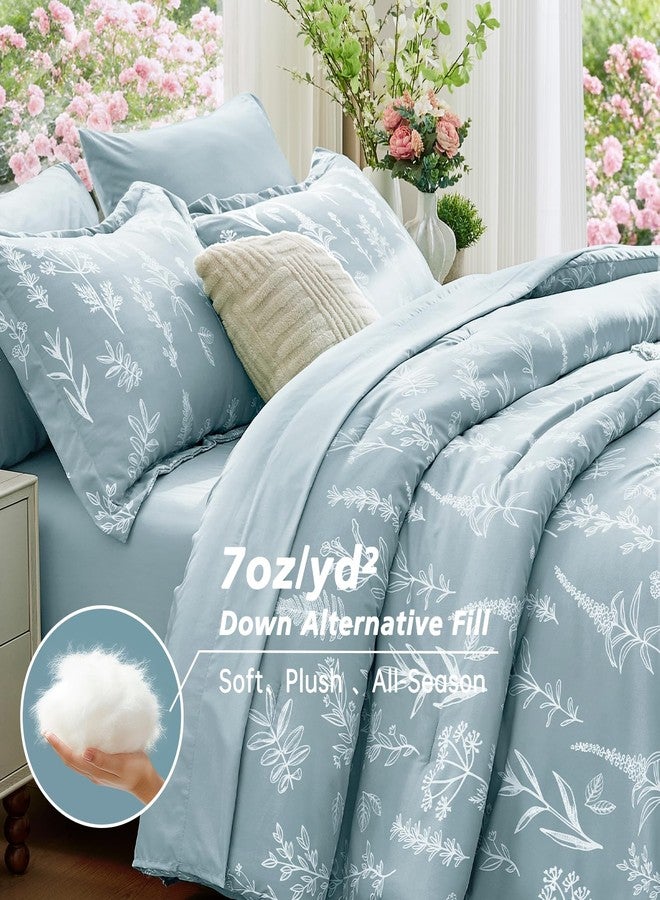 MUXHOMO Mineral Blue Bed in a Bag Queen 7 Pieces, Queen Comforter Set Reversible Botanical Flowers Design, Ultra Soft & Breathable Bedding Sets with Comforter, Sheets, Pillowcases & Shams - Image 3