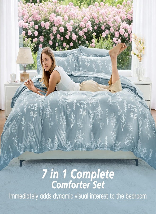 MUXHOMO Mineral Blue Bed in a Bag Queen 7 Pieces, Queen Comforter Set Reversible Botanical Flowers Design, Ultra Soft & Breathable Bedding Sets with Comforter, Sheets, Pillowcases & Shams - Image 4