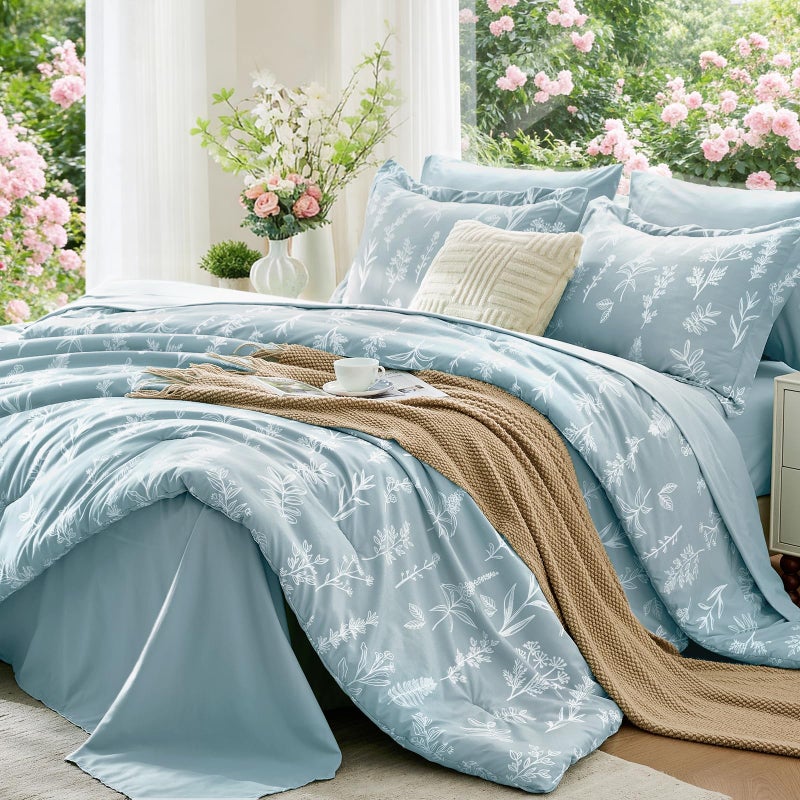 MUXHOMO Mineral Blue Bed in a Bag Queen 7 Pieces, Queen Comforter Set Reversible Botanical Flowers Design, Ultra Soft & Breathable Bedding Sets with Comforter, Sheets, Pillowcases & Shams - Image 1