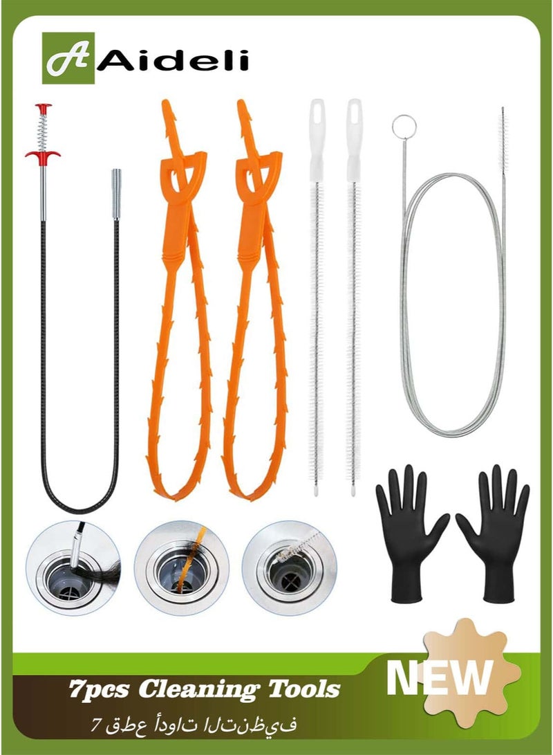 Aideli 7PCS Drain Cleaning Kit, Heavy Duty Drain Snake Hair Remover & Auger Unblocker, Flexible Pipe Cleaner Brush, Professional Tool for Toilet, Kitchen Sink, Bathroom & Sewer - Image 1