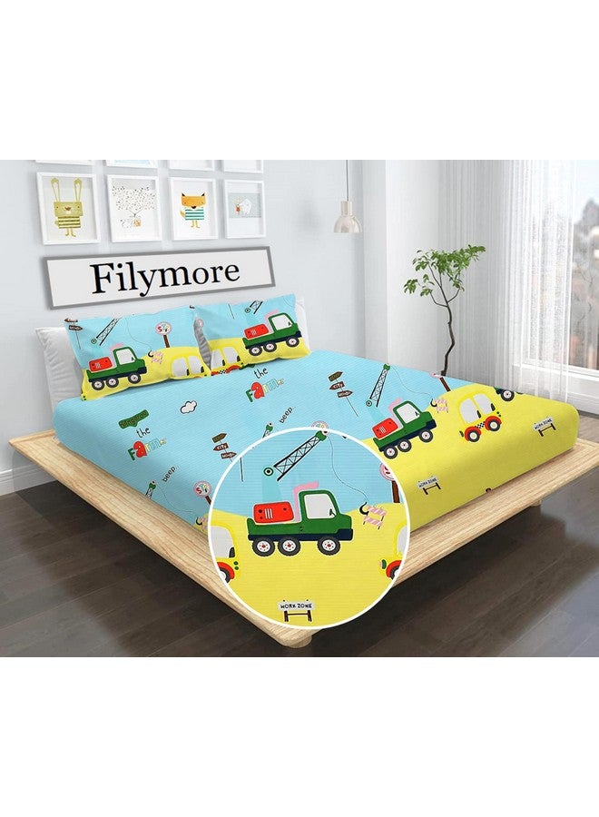 Filymore Kids bedsheets for Double Bed Made with Microfiber 240 TC Wrinkle Free Soft | Car bedsheet for Kids Queen Size (90x90 Inches/Boys Girls Room)(SkyBlue) - Image 1
