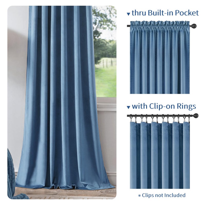FMFUNCTEX Velvet Blackout Curtains Blue Thermal Insulated Curtains for Bedroom Living Room Darkening Curtains 84 Inches Long Soft Luxury Heavy Rod Pocket Slate Blue Drapes Dining Room 2 Panels Set - Image 4