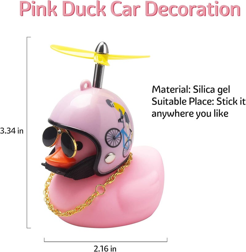 wonuu Pink Duck Car Dashboard Decorations Rubber Duck Car Ornaments Cool Duck with Propeller Helmet Sunglasses Gold Chain (Pink Bicycle) - Image 4