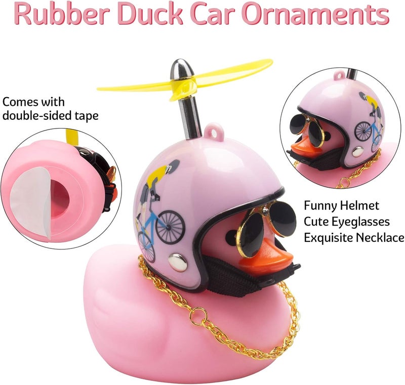 wonuu Pink Duck Car Dashboard Decorations Rubber Duck Car Ornaments Cool Duck with Propeller Helmet Sunglasses Gold Chain (Pink Bicycle) - Image 5