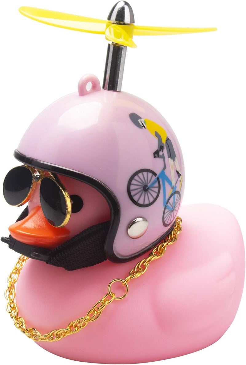 wonuu Pink Duck Car Dashboard Decorations Rubber Duck Car Ornaments Cool Duck with Propeller Helmet Sunglasses Gold Chain (Pink Bicycle) - Image 1
