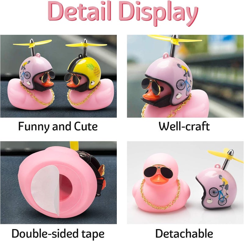 wonuu Pink Duck Car Dashboard Decorations Rubber Duck Car Ornaments Cool Duck with Propeller Helmet Sunglasses Gold Chain (Pink Bicycle) - Image 2