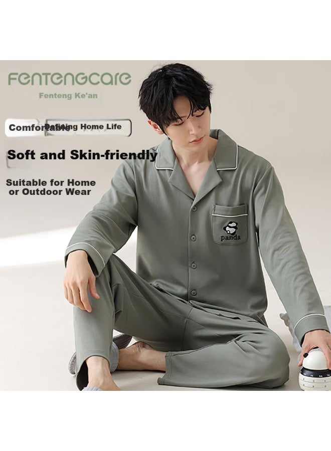 Fentengcare Men's Autumn Winter New Pure Cotton Long Sleeve Long Pants Cardigan Lapel Casual Simple Homewear Suitable For Outdoor Q4