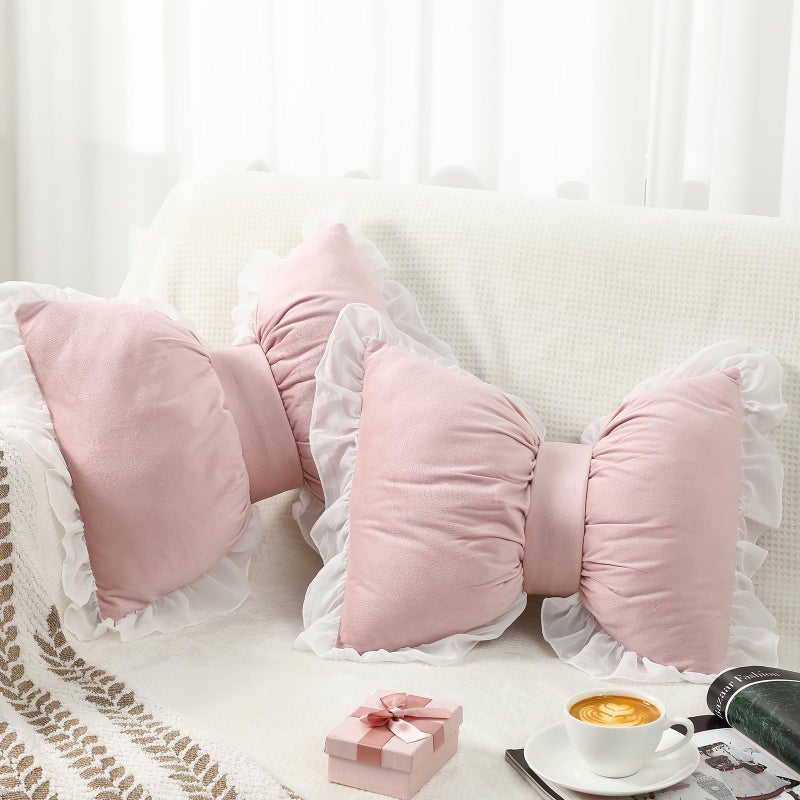 Yousoontic 2 Pcs Bow Pillows 15.7 * 12.6 in Coquette Throw Pillow Cute Bow Shaped Cushion Plush Lumbar Decorative for Girls Room Bed Sofa Couch Car(Velvet,Pink) - Image 4