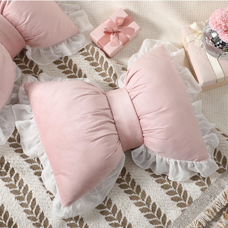 Yousoontic 2 Pcs Bow Pillows 15.7 * 12.6 in Coquette Throw Pillow Cute Bow Shaped Cushion Plush Lumbar Decorative for Girls Room Bed Sofa Couch Car(Velvet,Pink) - Image 3
