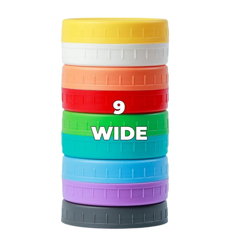 Bedgeta 9 Wide Mouth Mason Jar Lids with Silicone Ring,Thickened Leak-proof Lids Fit Ball,Kerr and More, 9 Color Plastic Lids, 86mm Plastic Mason Jar Lids - Image 1