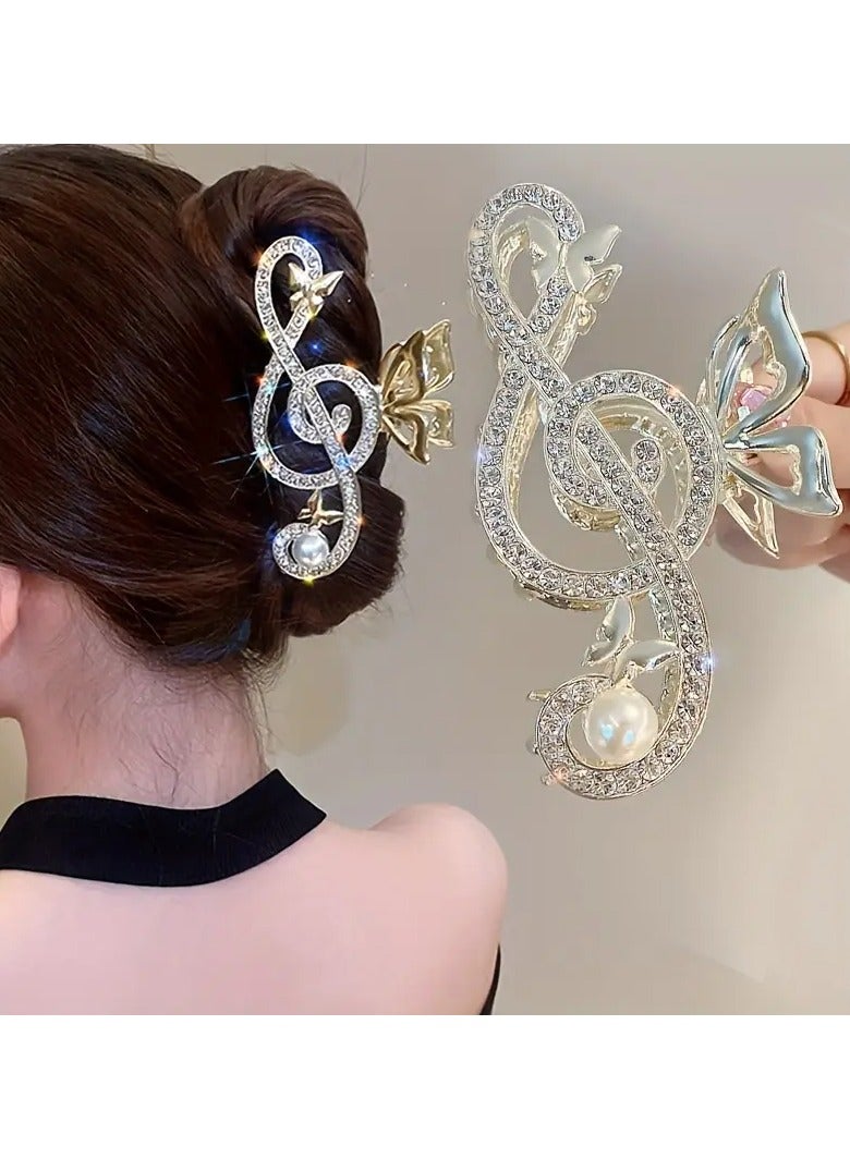 Goolsky Elegant Golden-Tone Rhinestone & Faux Pearl Hair Claw - Chic Musical Note Design, Zinc Alloy, Casual Style Accessory - Image 1
