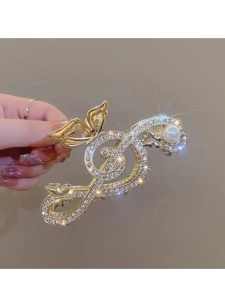 Goolsky Elegant Golden-Tone Rhinestone & Faux Pearl Hair Claw - Chic Musical Note Design, Zinc Alloy, Casual Style Accessory - Image 2
