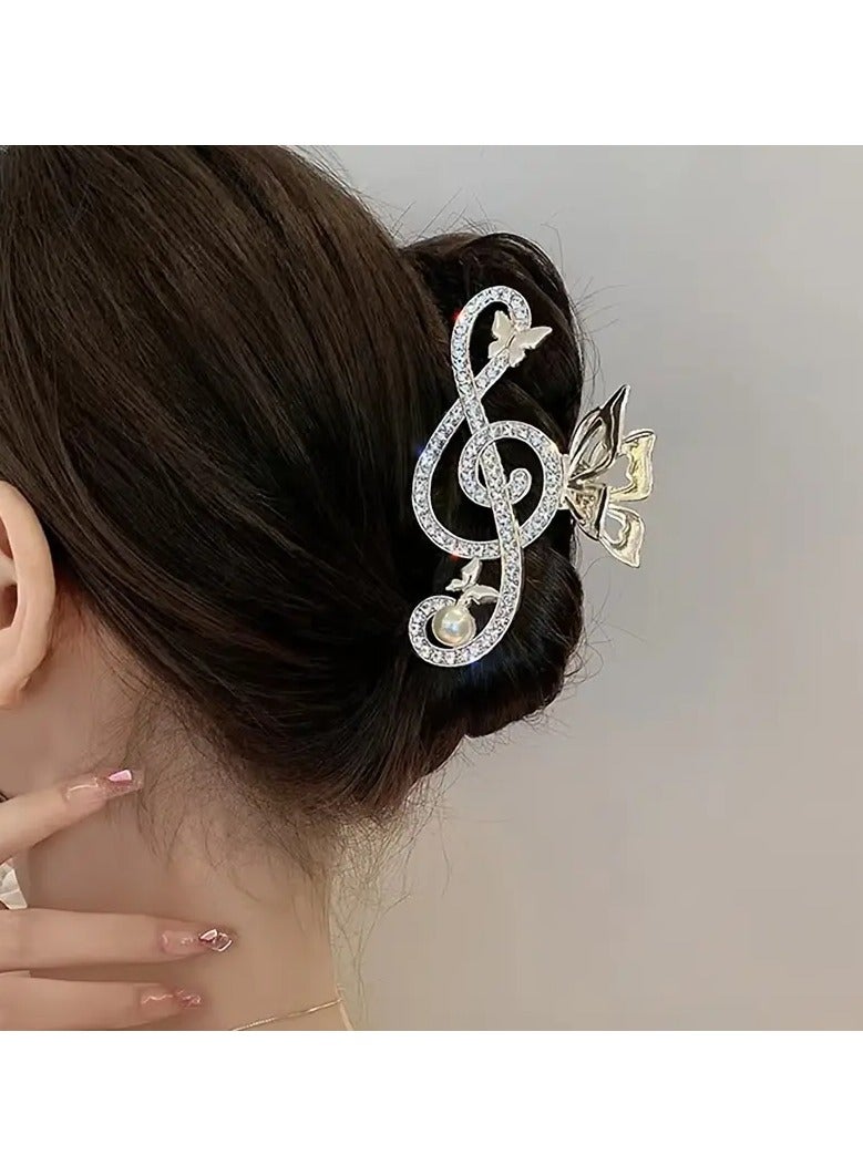 Goolsky Elegant Golden-Tone Rhinestone & Faux Pearl Hair Claw - Chic Musical Note Design, Zinc Alloy, Casual Style Accessory - Image 3