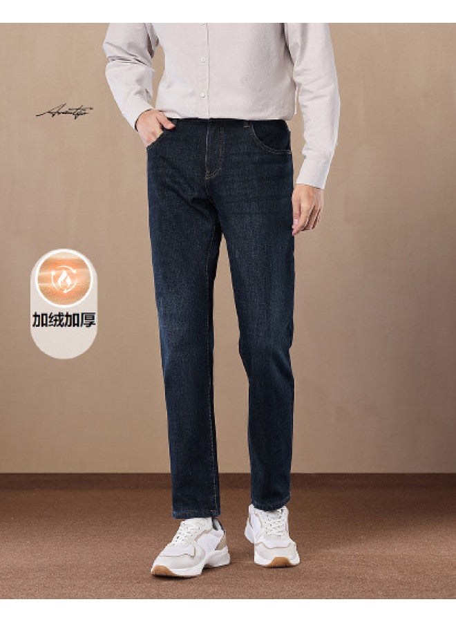 HLA Fleece Lined & Thickened】men's Winter Light Business Mid-rise Five-pocket Washed Straight-leg Jeans - Image 1