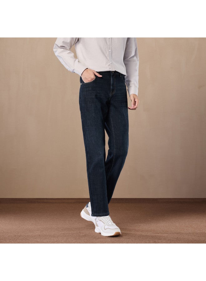 HLA Fleece Lined & Thickened】men's Winter Light Business Mid-rise Five-pocket Washed Straight-leg Jeans - Image 4