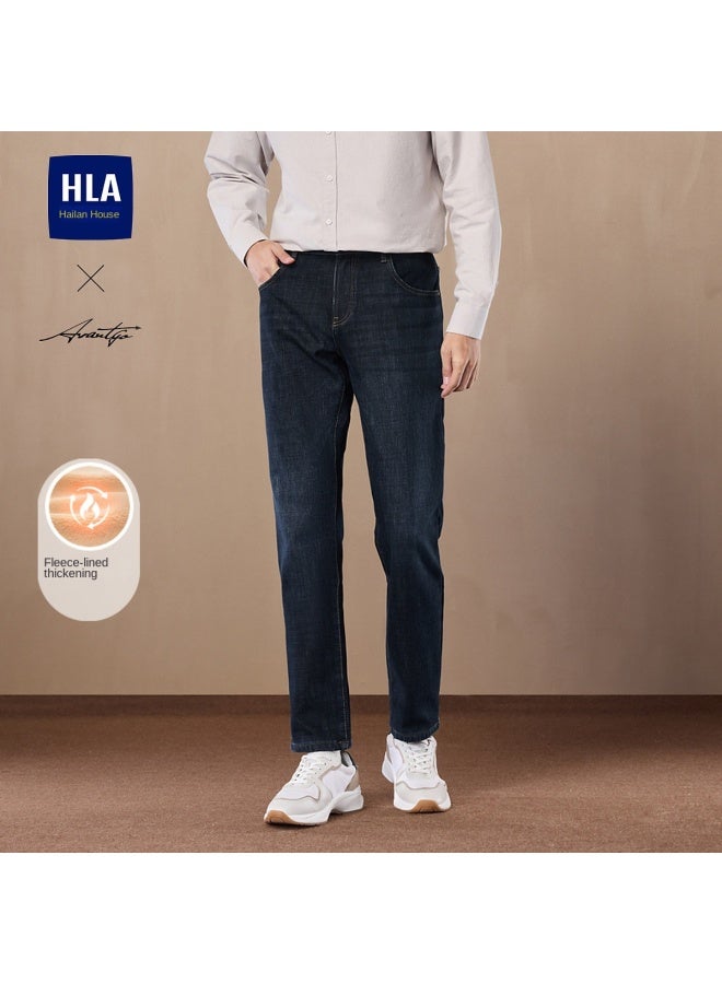 HLA Fleece Lined & Thickened】men's Winter Light Business Mid-rise Five-pocket Washed Straight-leg Jeans - Image 2