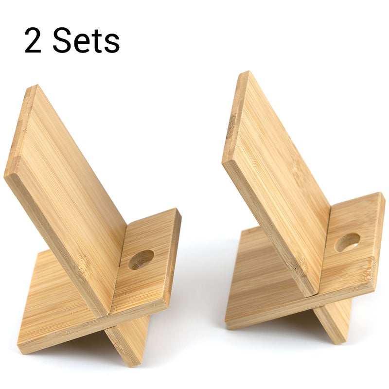 IFAMIO 2 Pack Bamboo Cell Phone Stand Wooden Phone Holder Tablet Desk Stand with Charging Hole Portable Phone Table Stand Desk Organizer Compatible with iPhone Smart Phone iPad Tablet - Image 2