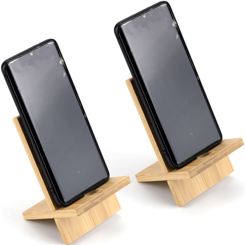 IFAMIO 2 Pack Bamboo Cell Phone Stand Wooden Phone Holder Tablet Desk Stand with Charging Hole Portable Phone Table Stand Desk Organizer Compatible with iPhone Smart Phone iPad Tablet - Image 1