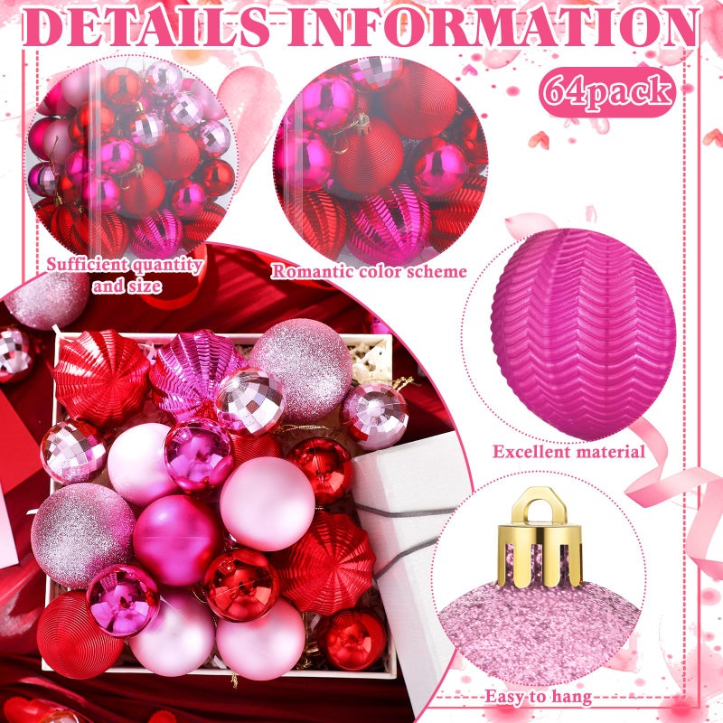Lunmon 64 Pcs Valentine's Day Ball Ornaments Glitter Red Hot Pink Ornament 1.6/1.97/2.4 Inch Plastic Hanging Decoration Assorted Size Valentines Day Decorations for Home Tree Wreath Party Supplies - Image 3