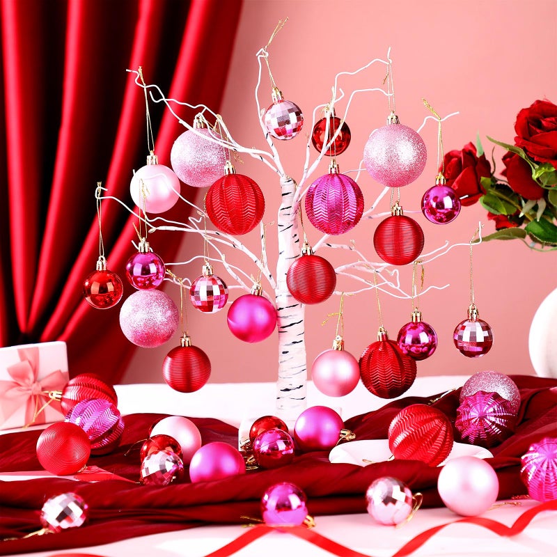Lunmon 64 Pcs Valentine's Day Ball Ornaments Glitter Red Hot Pink Ornament 1.6/1.97/2.4 Inch Plastic Hanging Decoration Assorted Size Valentines Day Decorations for Home Tree Wreath Party Supplies - Image 2