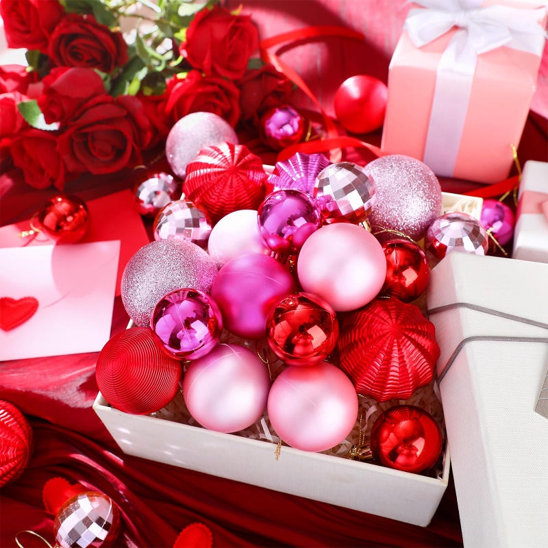 Lunmon 64 Pcs Valentine's Day Ball Ornaments Glitter Red Hot Pink Ornament 1.6/1.97/2.4 Inch Plastic Hanging Decoration Assorted Size Valentines Day Decorations for Home Tree Wreath Party Supplies - Image 5