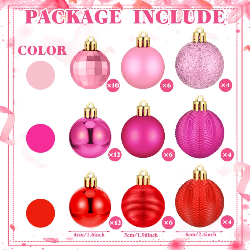 Lunmon 64 Pcs Valentine's Day Ball Ornaments Glitter Red Hot Pink Ornament 1.6/1.97/2.4 Inch Plastic Hanging Decoration Assorted Size Valentines Day Decorations for Home Tree Wreath Party Supplies - Image 4