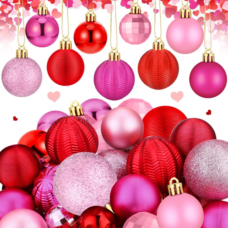 Lunmon 64 Pcs Valentine's Day Ball Ornaments Glitter Red Hot Pink Ornament 1.6/1.97/2.4 Inch Plastic Hanging Decoration Assorted Size Valentines Day Decorations for Home Tree Wreath Party Supplies - Image 1