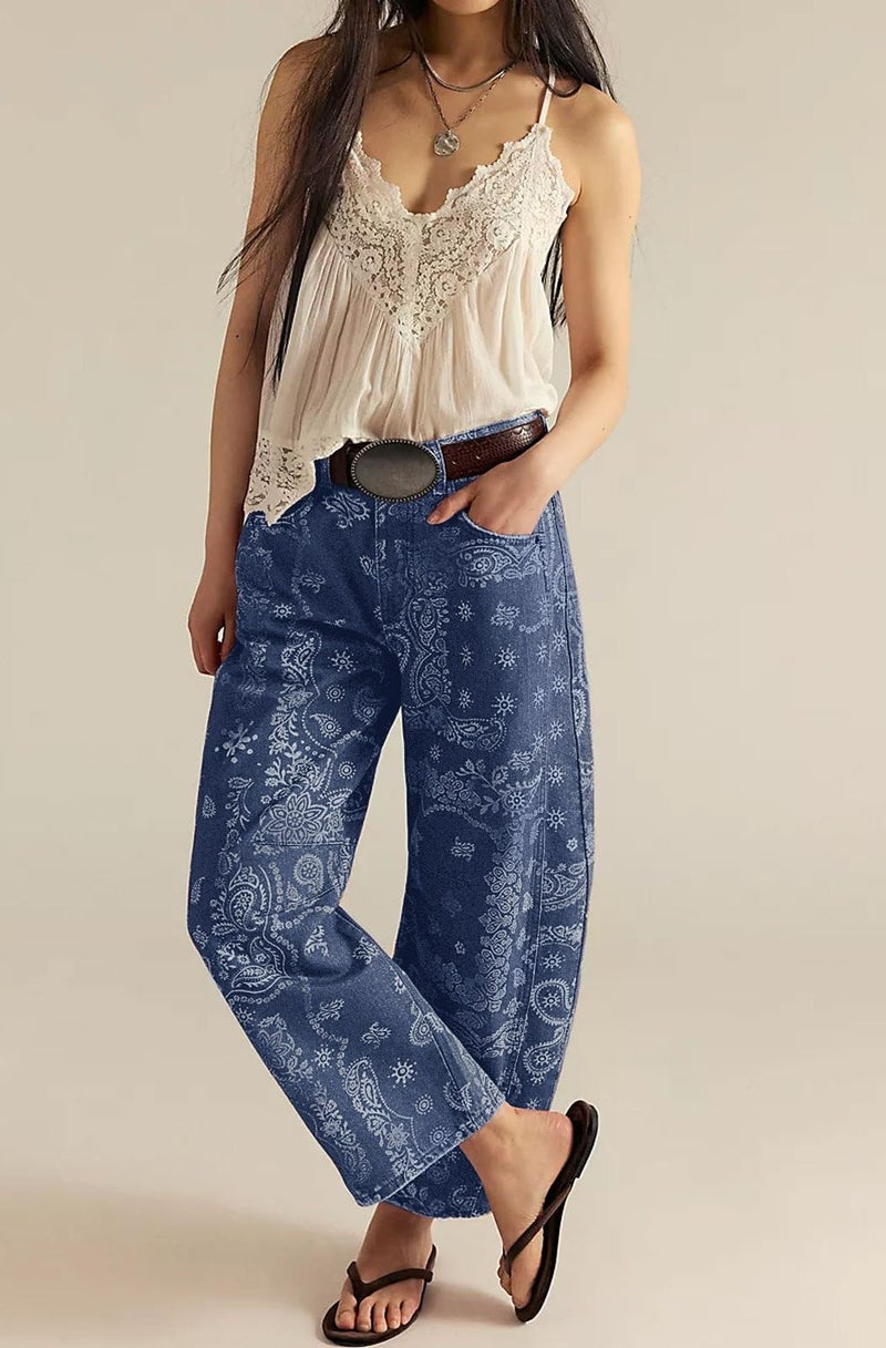 loveimgs Women Boyfriend Baggy Barrel Jeans Floral Print Denim Ankle Pants Wide Leg Mid Rise Jeans Sweatpants Y2k Patchwork (Medium,Dark Blue) - Image 2