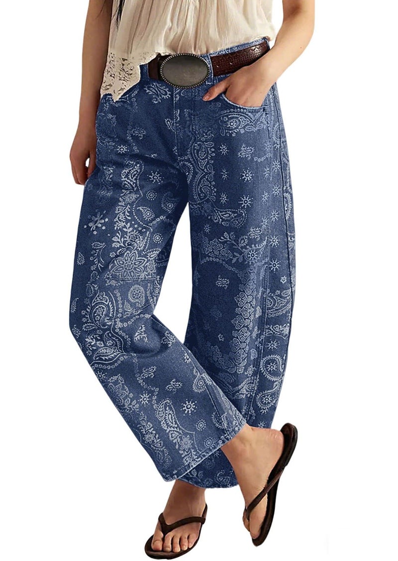 loveimgs Women Boyfriend Baggy Barrel Jeans Floral Print Denim Ankle Pants Wide Leg Mid Rise Jeans Sweatpants Y2k Patchwork (Medium,Dark Blue) - Image 1