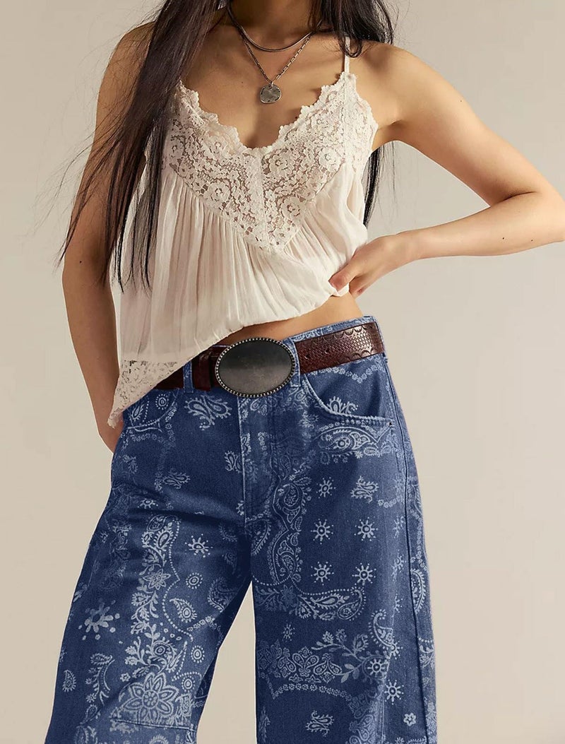 loveimgs Women Boyfriend Baggy Barrel Jeans Floral Print Denim Ankle Pants Wide Leg Mid Rise Jeans Sweatpants Y2k Patchwork (Medium,Dark Blue) - Image 3