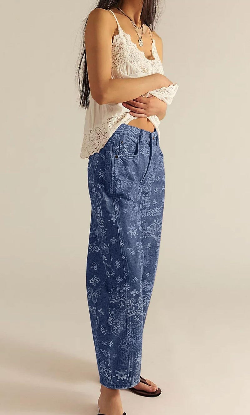 loveimgs Women Boyfriend Baggy Barrel Jeans Floral Print Denim Ankle Pants Wide Leg Mid Rise Jeans Sweatpants Y2k Patchwork (Medium,Dark Blue) - Image 5