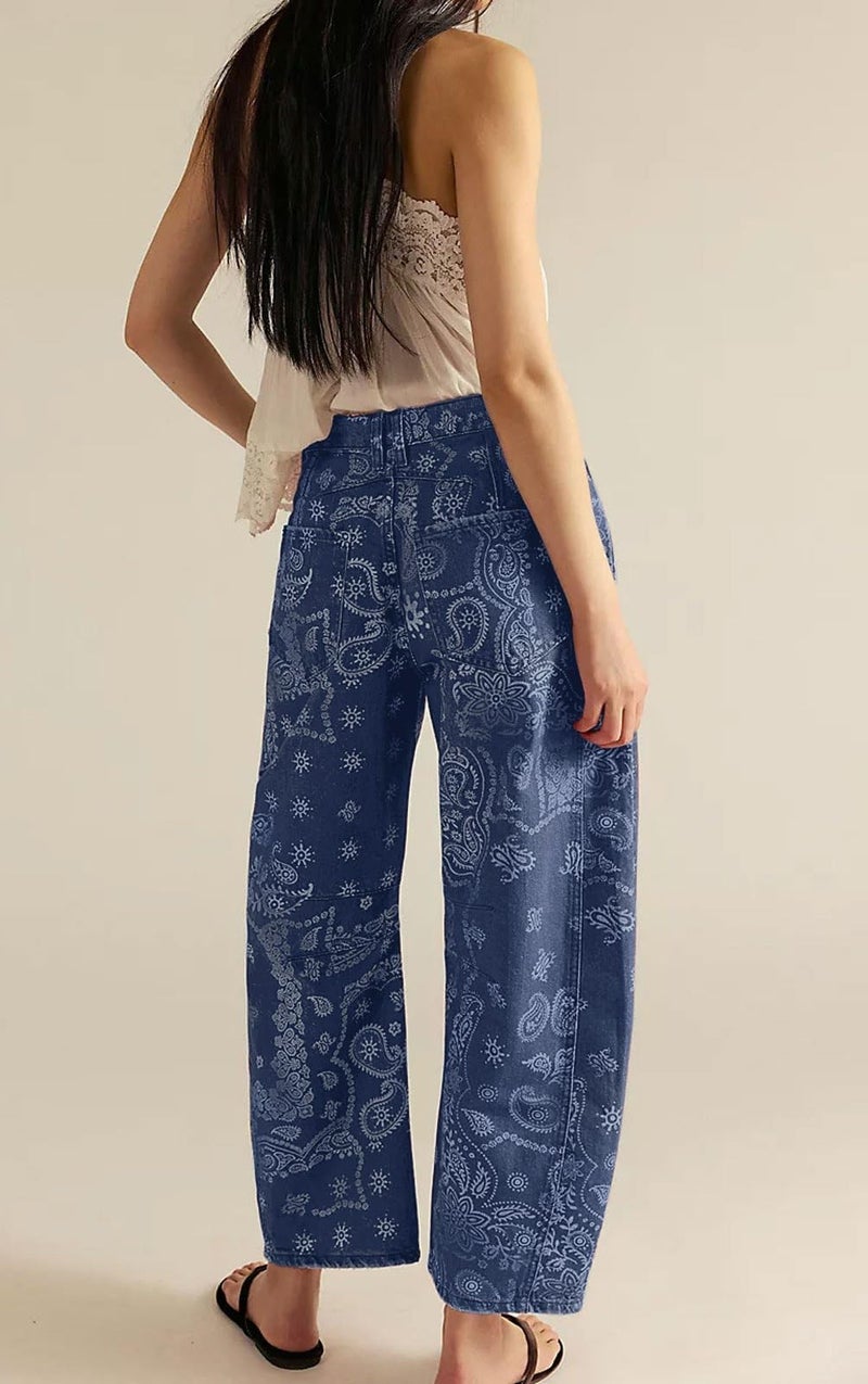 loveimgs Women Boyfriend Baggy Barrel Jeans Floral Print Denim Ankle Pants Wide Leg Mid Rise Jeans Sweatpants Y2k Patchwork (Medium,Dark Blue) - Image 4