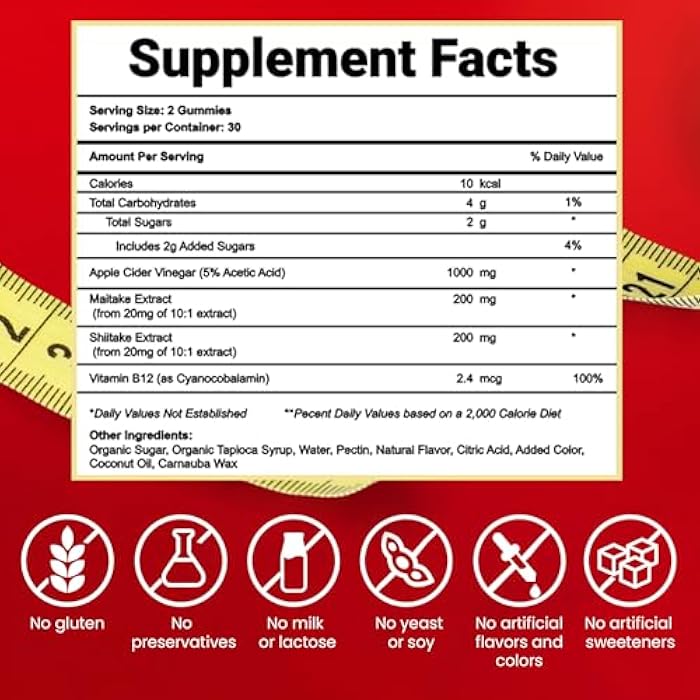 FNDMNTL Apple Cider Vinegar Gummies | Maitake, Shitake, Vitamin B12 | 1000 mg | 60 Count | Gelatin-Free, Gluten-Free, Vegan & Non-GMO - Image 4
