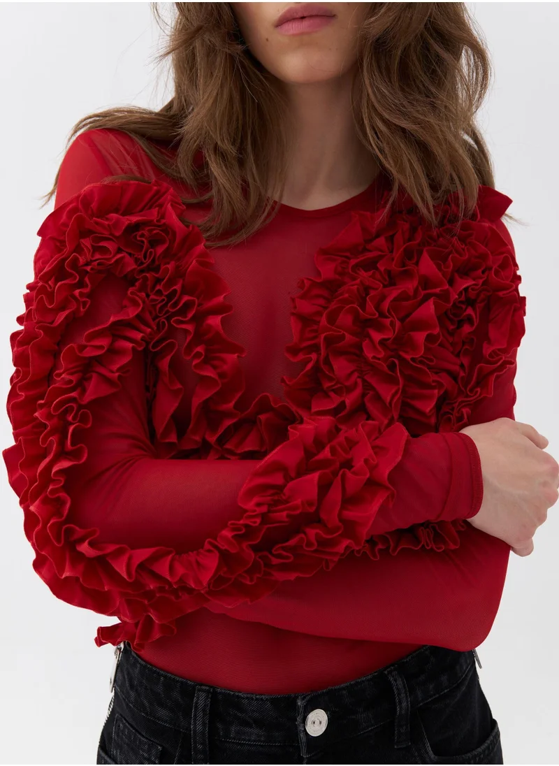 نوكتورن Tulle Bodysuit with Ruffle Design