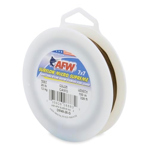 AFW American Fishing Wire Surflon Micro Supreme, Nylon Coated 7x7 Stainless Steel Leader Wire, 26 lb Test, .018" Diameter, Camo, 100 m - Image 1