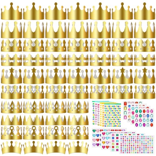 Meanplan 50 Pieces Gold Paper Crowns Birthday Crowns DIY Craft Kit for Princess Prince with 28 Sheets Gem Jewels Number Letter Stickers for Boy Girls Adults Birthday Party Favor Supplies Decoration - Image 1