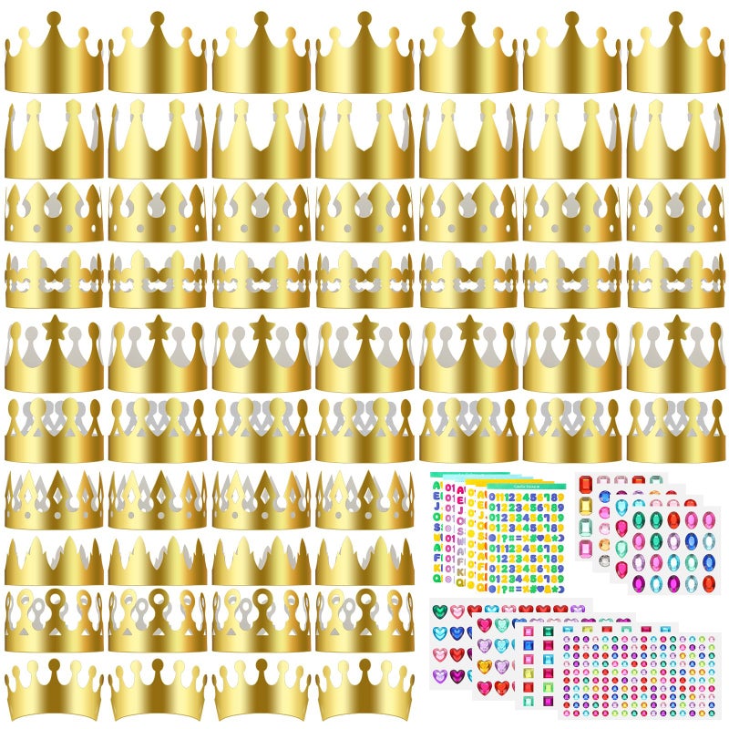 Meanplan 50 Pieces Gold Paper Crowns Birthday Crowns DIY Craft Kit for Princess Prince with 28 Sheets Gem Jewels Number Letter Stickers for Boy Girls Adults Birthday Party Favor Supplies Decoration - Image 3