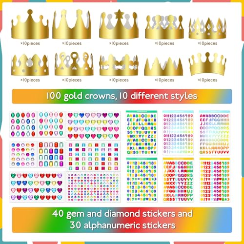 Meanplan 50 Pieces Gold Paper Crowns Birthday Crowns DIY Craft Kit for Princess Prince with 28 Sheets Gem Jewels Number Letter Stickers for Boy Girls Adults Birthday Party Favor Supplies Decoration - Image 5