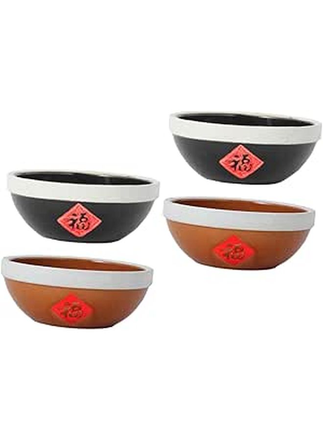 Vintage Chinese Style Crude Pottery Rice Bowls 4.5 Inch Set of 4 Black Antique Copper - Image 1