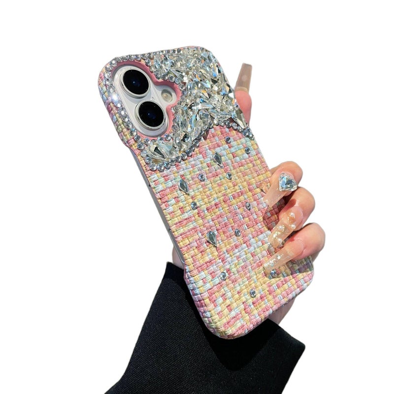 Drop Protection iPhone 16 Leather Texture for 16 Plus 16 Pro 16 Pro Max with Woven Texture and Crystal Rhinestone in Blue Colour - Image 1