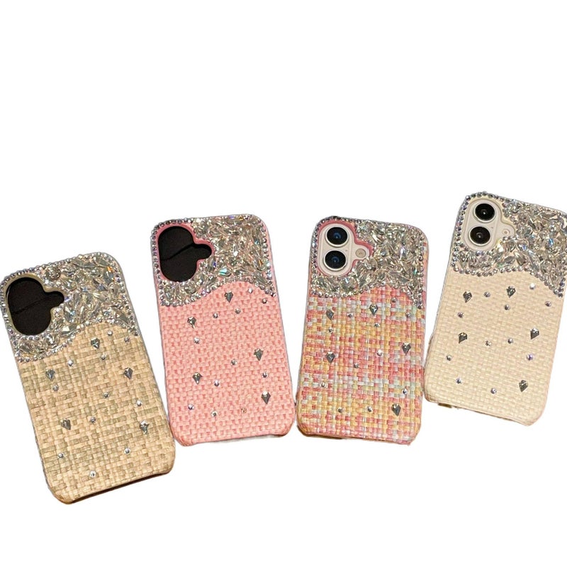 Drop Protection iPhone 16 Leather Texture for 16 Plus 16 Pro 16 Pro Max with Woven Texture and Crystal Rhinestone in Blue Colour - Image 2