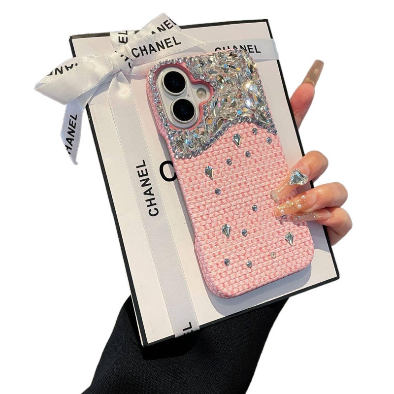 Drop Protection iPhone 16 Leather Texture for 16 Plus 16 Pro 16 Pro Max with Woven Texture and Crystal Rhinestone in Blue Colour - Image 4