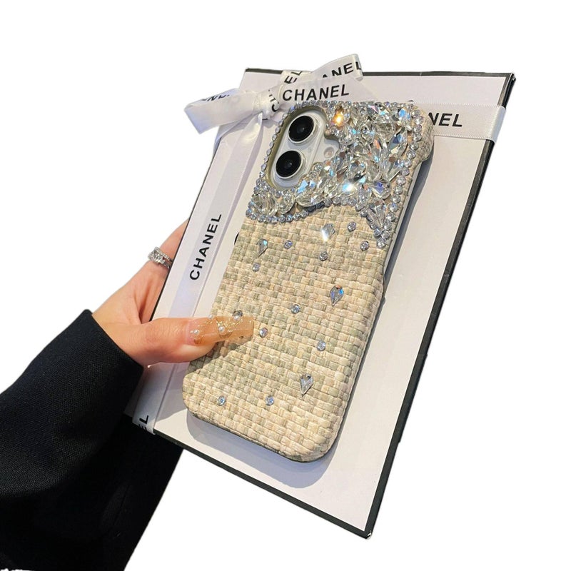 Drop Protection iPhone 16 Leather Texture for 16 Plus 16 Pro 16 Pro Max with Woven Texture and Crystal Rhinestone in Blue Colour - Image 3