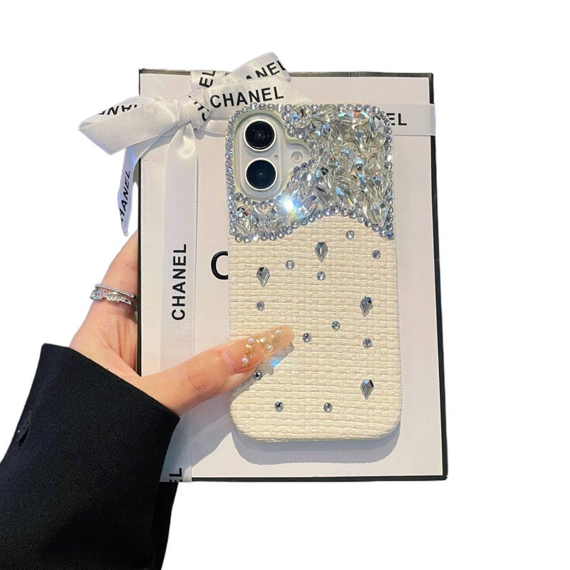 Drop Protection iPhone 16 Leather Texture for 16 Plus 16 Pro 16 Pro Max with Woven Texture and Crystal Rhinestone in Blue Colour - Image 5