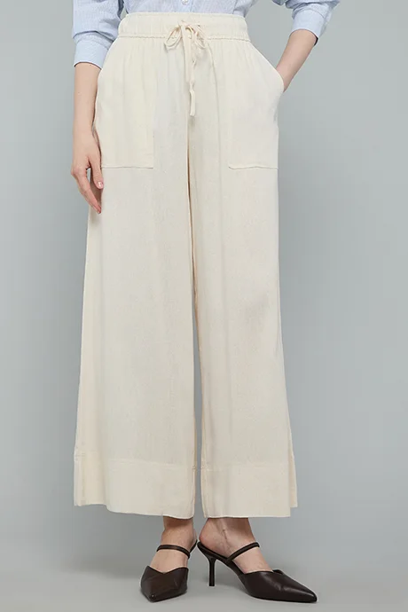 أر أند بي Solid Wide Leg Trousers with Drawstring Waist